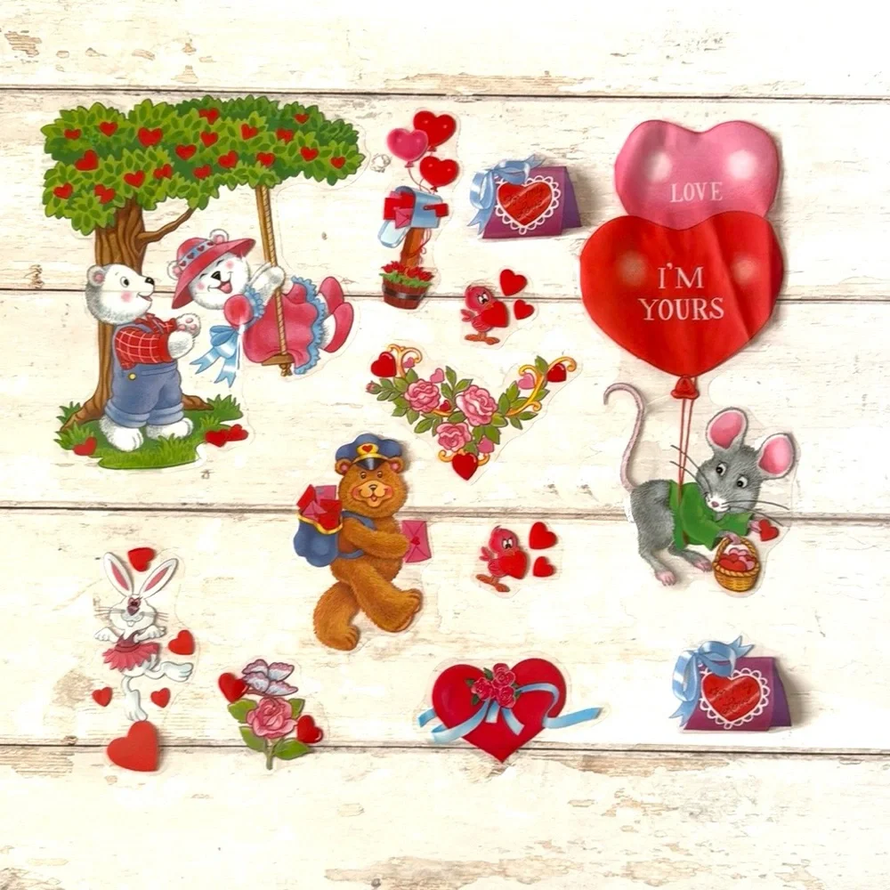 Valentine’s Day Window Clings Reusable Stickers Set Vday 12ct Animals Hearts Etc